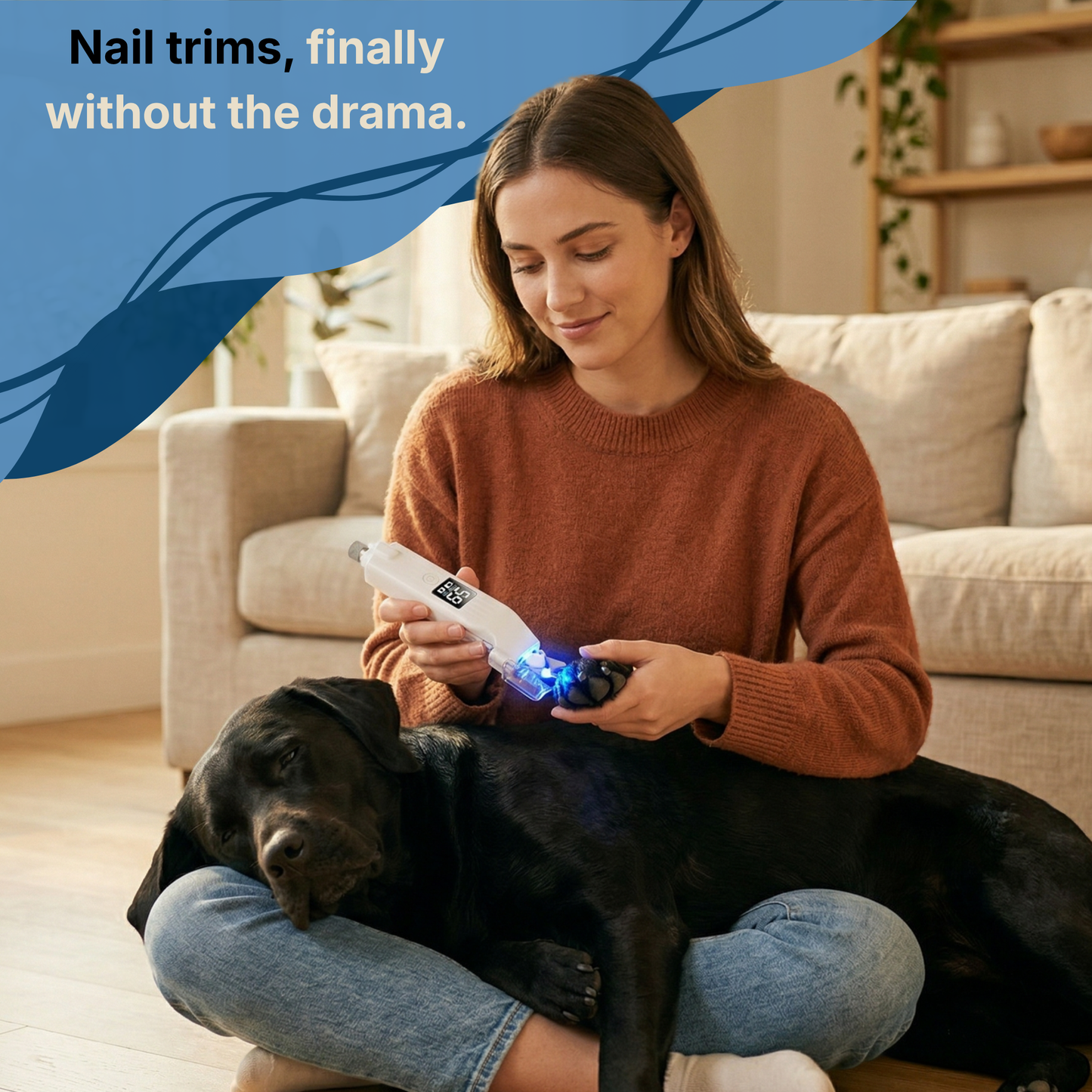 Woman using a pet nail trimmer on a black dog in a living room.