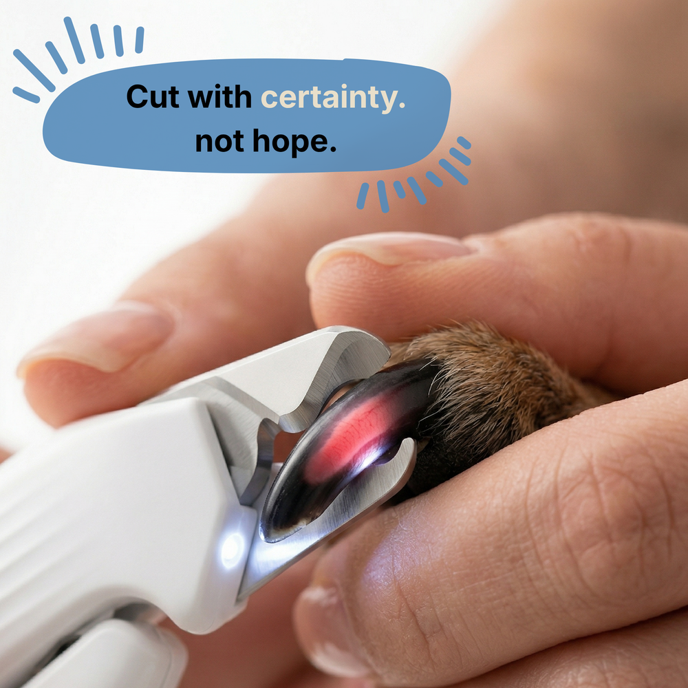 Pet nail trimmer being used on a dog's paw with a motivational text overlay.