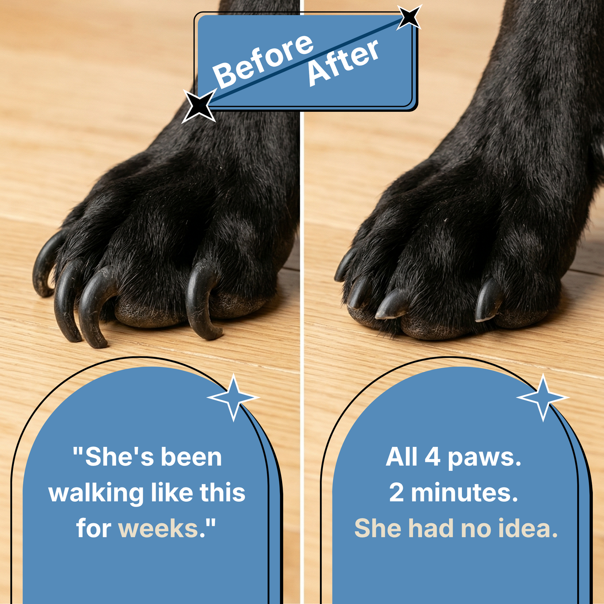 Before and after comparison of a dog's paw on a wooden floor.