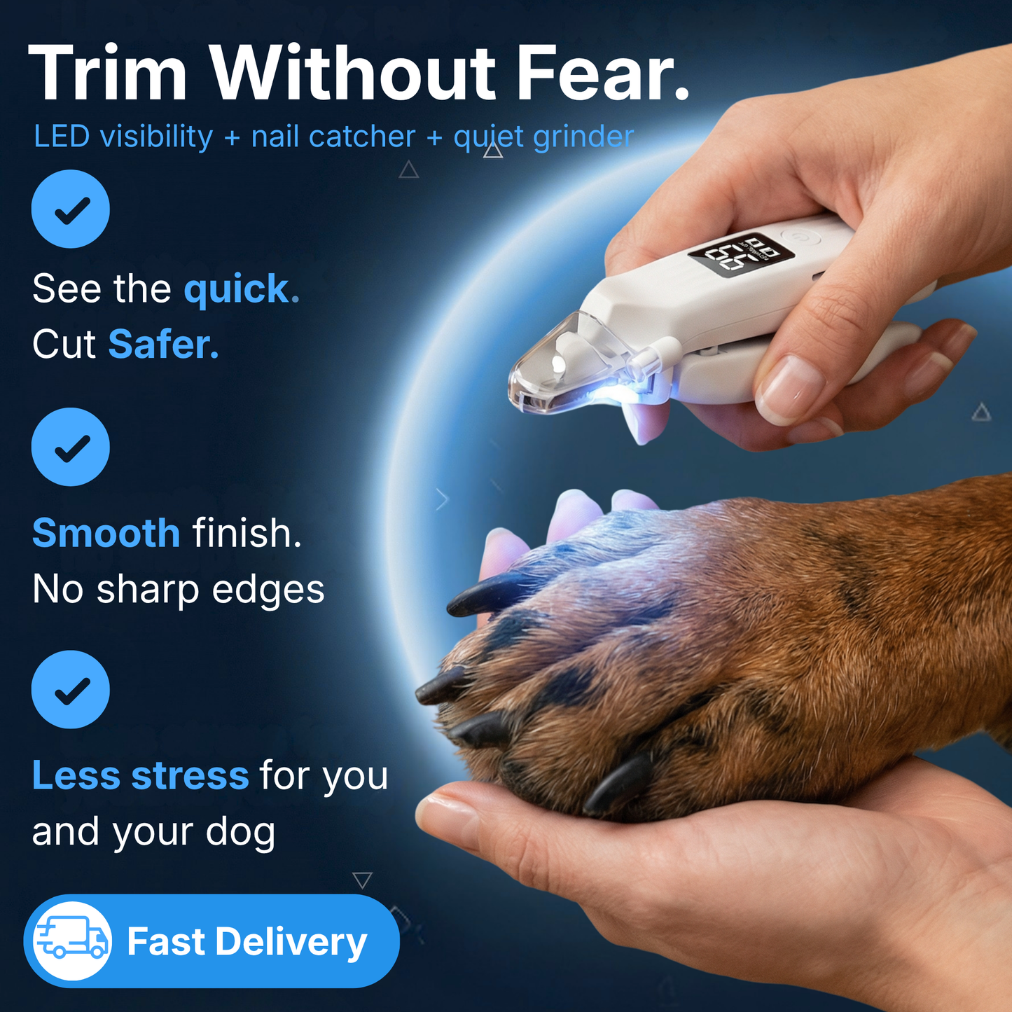 Dog nail trimmer being used on a dog's paw with product features highlighted.