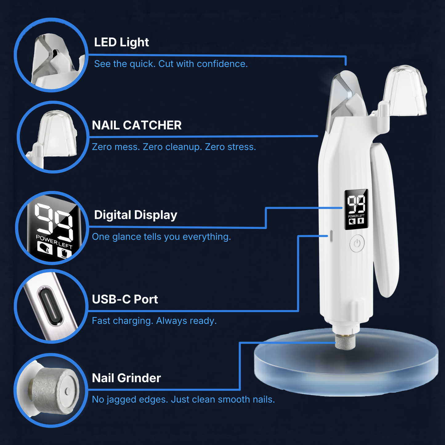 Nail grooming tool with features highlighted on a dark background